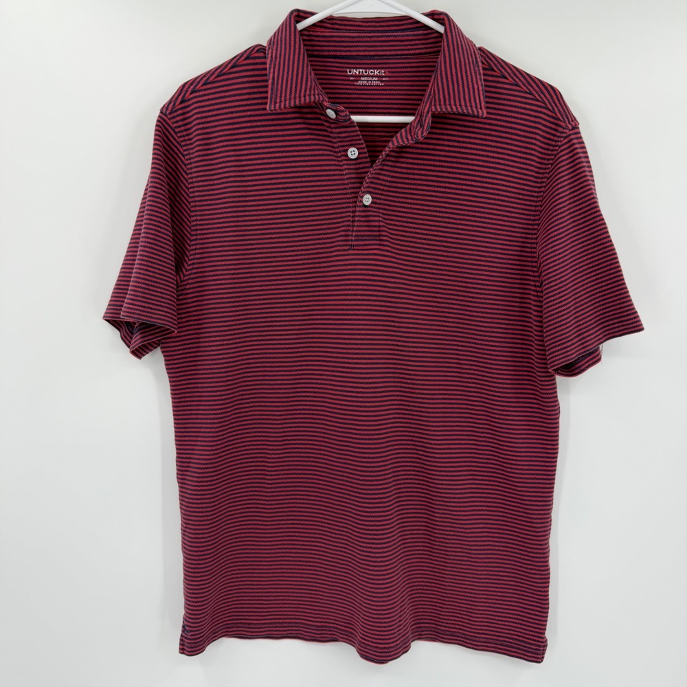 UNTUCKit Alvear Polo Shirt Mens Medium Red Navy Blue Striped Pima Cotton Polo